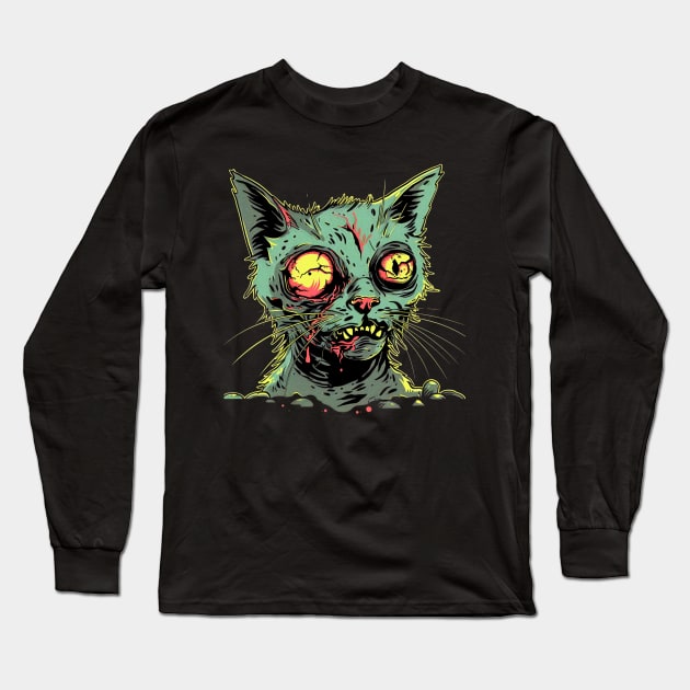 Creepy Cat Zombie Long Sleeve T-Shirt by OscarVanHendrix